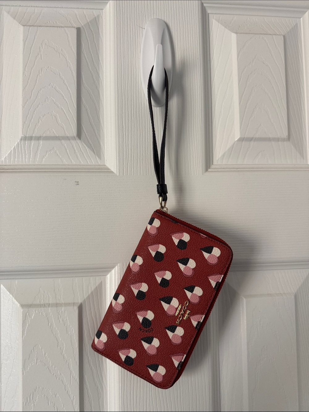 Coach Red Heart Pattern Zip Wristlet with Gold Logo